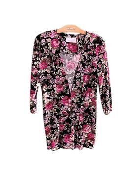 Sweet Miranda Black Floral Dress 3/4 Sleeve Medium Missing Button
